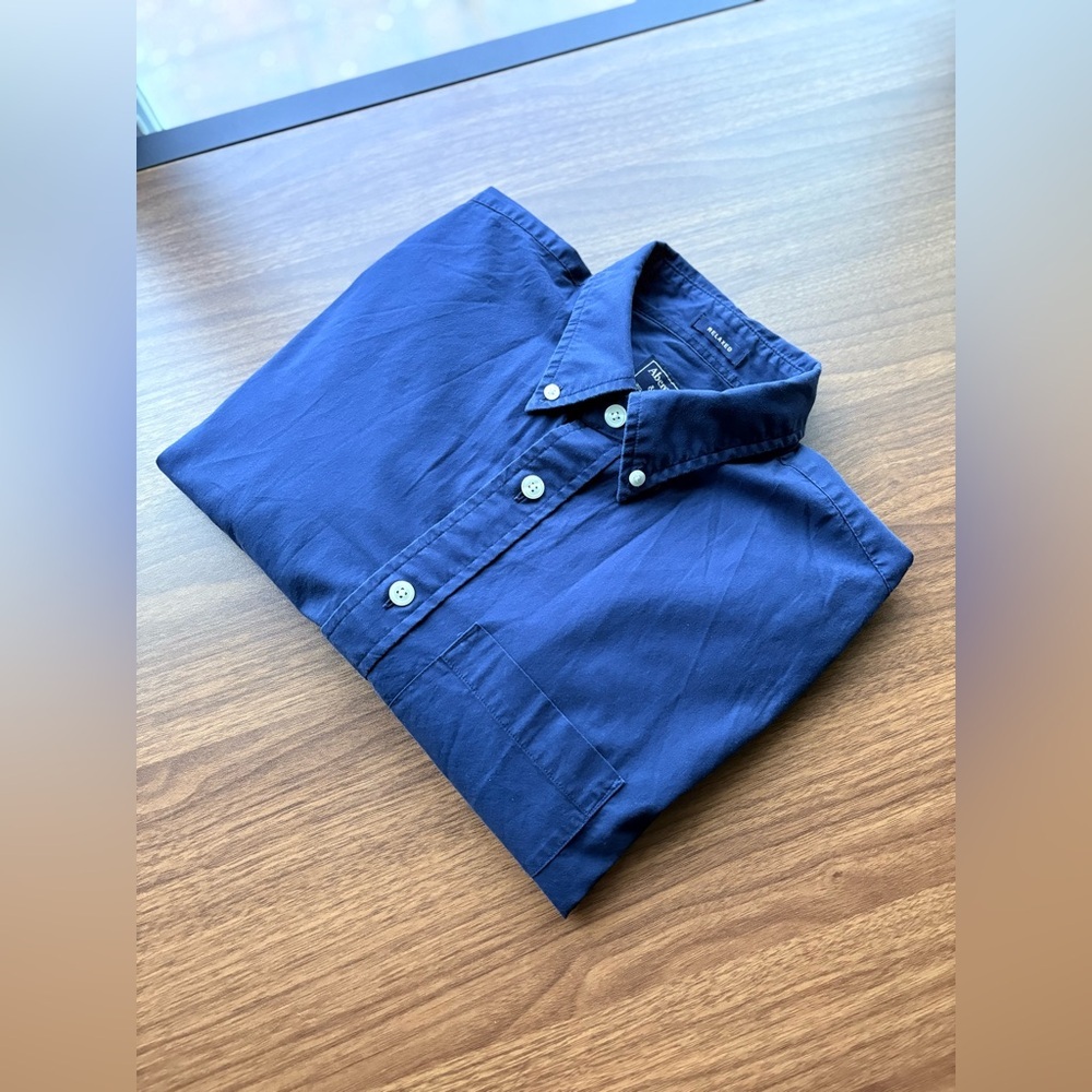 Vintage Y2K Abercrombie & Fitch Navy Oxford Shirt Relaxed Fit Stretch | Men’s S - Picture 6 of 15